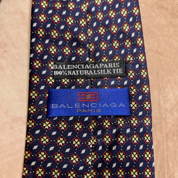 Balenciaga Paris Natural Silk Neck Tie Navy Geometric Vintage Formal Designer - Picture 2 of 8